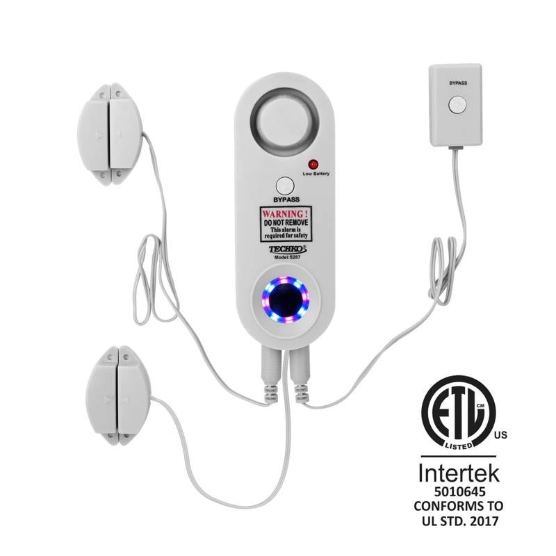 TECHKO Strobe Safe Pool Alarm for Kids, Pets, ETL Listed UL 2017 Compliant, Indoor/Outdor Weather Resistant, LED Strobe Lights & 115 dB Alarm System with Bypass Buttons, Easy Install, White, S287
