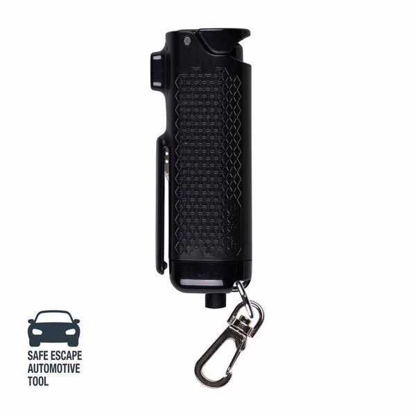 SABRE RED Safe Escape, 3-in-1 Car Safety Tool - Seat Belt Cutter and Window Glass Breaker, Maximum Police Strength Black Pepper Gel Increases Accuracy, 25 Bursts, with Key Chain Snap Clip, One Size SE-BK-01