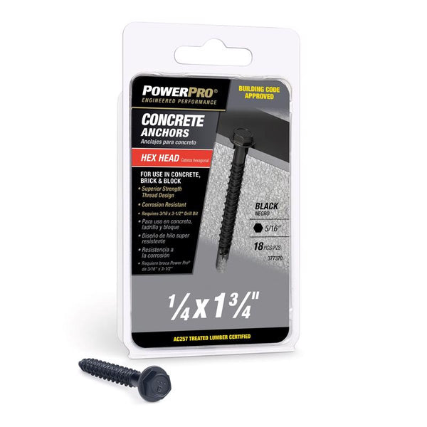 Hillman 5049787 0.25 x 1.75 in. Power Pro Carbon Steel Hex Head Concrete Screw Anchor Black - 18 Piece 377370