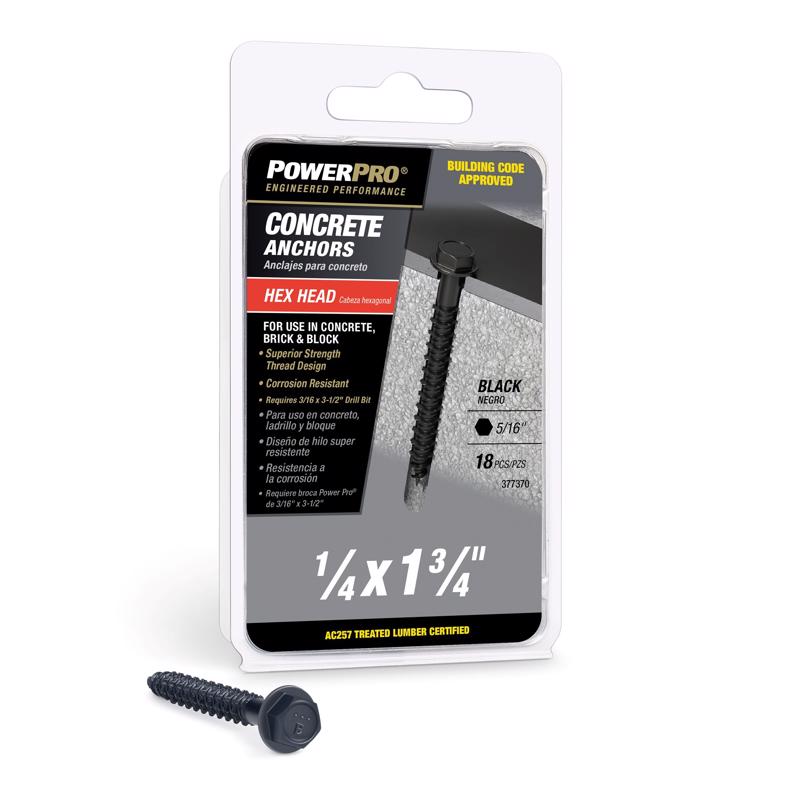 Hillman 5049787 0.25 x 1.75 in. Power Pro Carbon Steel Hex Head Concrete Screw Anchor Black - 18 Piece