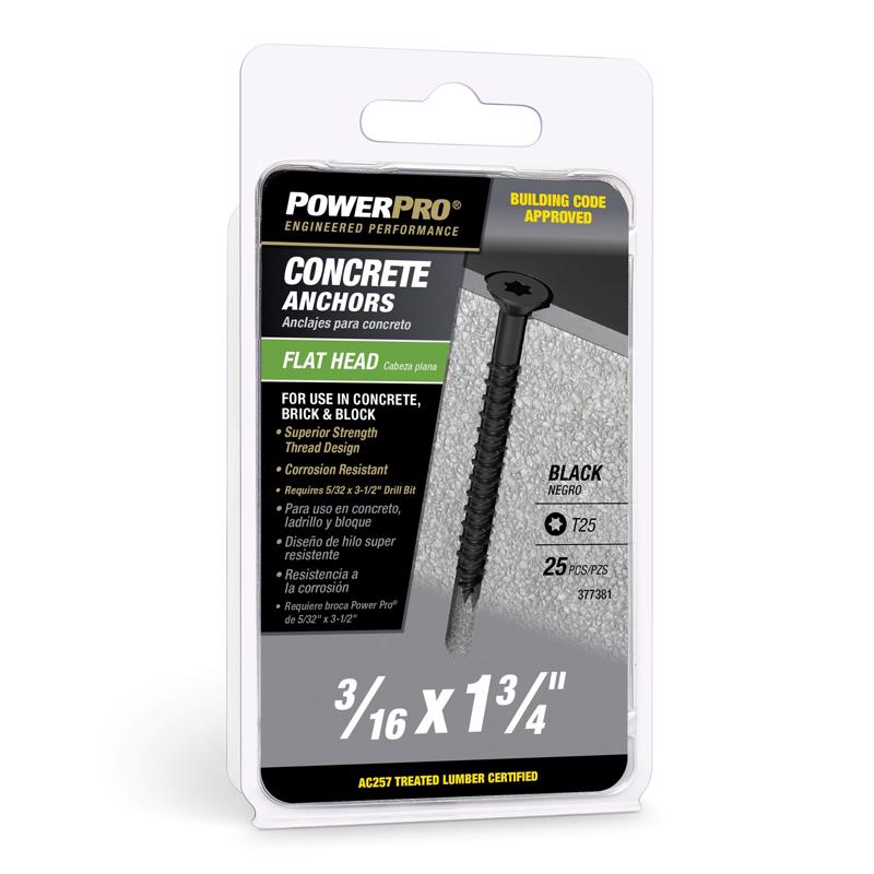 Hillman 5049790 0.18 x 1.75 in. Power Pro Carbon Steel Flat Head Concrete Screw Anchor Pack of 25