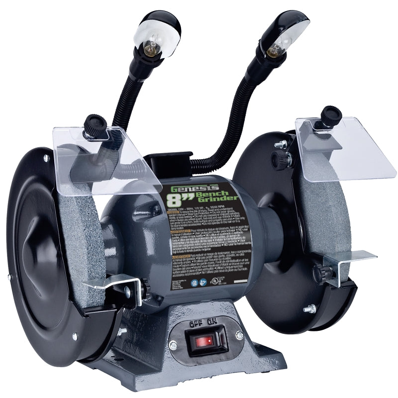 Genesis GBG800L 8" Bench Grinder with Dual, Flexible Lights and Eye Shield , Green