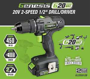 Genesis G20MAX 20V Cordless 1/2" Drill/Driver with 2.0Ah Battery and Charger, Metal Ratcheting Chuck, 450 in-lbs, 2 Year Warranty