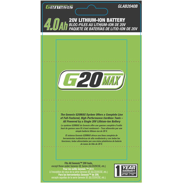Genesis G20Max 20 Volt 4.0Ah Rechargeable Replacement Battery Pack for G20Max Cordless Power Tools GLAB2040B