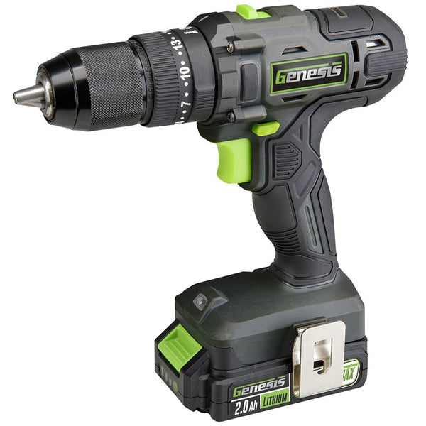 Genesis G20MAX 20V Cordless 1/2" Hammer Drill with 2.0Ah Battery & Charger, All-Metal Ratcheting Chuck, 2-Speed Range, and 2-Year Warranty GLHD20B