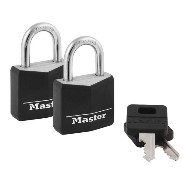 Master Lock 131T Covered Aluminum Keyed Alike Padlocks, Two Pack, Black, 2 Count