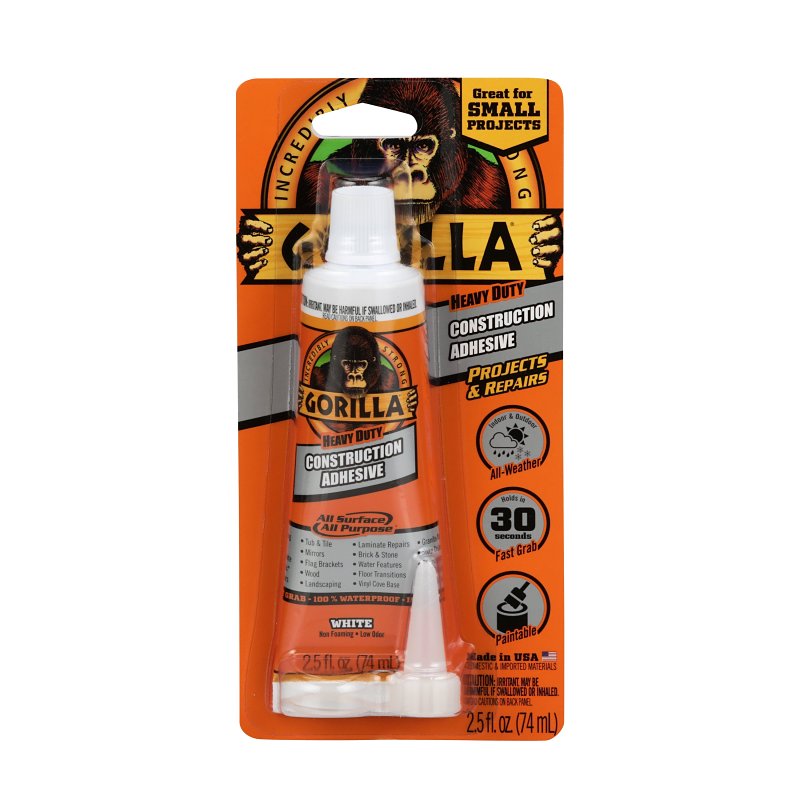 Gorilla Heavy Duty Construction Adhesive, 2.5 Ounce Squeeze Tube, White, (Pack of 1)
