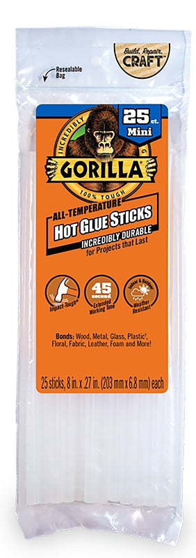 Gorilla Hot Glue Sticks, Mini Size, 8" Long x .27" Diameter, 25 Count, Clear, (Pack of 1) 3022502