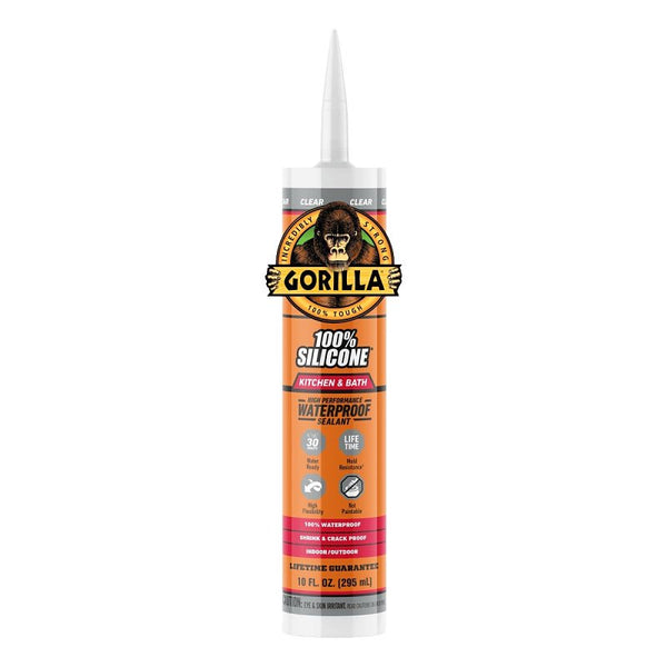 Gorilla 100% Silicone Caulk Kitchen & Bath Sealant, Mold Resistant, 10 oz. Cartridge, Clear 117386