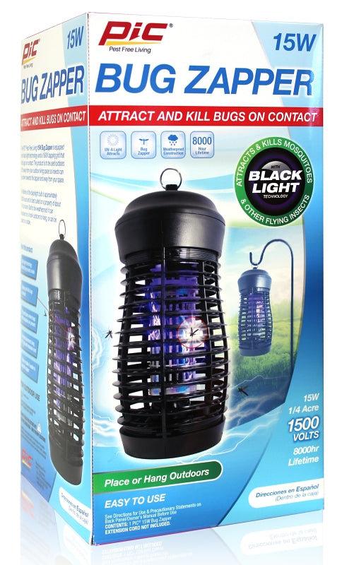 PIC 15W-ZAP Bug Zapper, ½ Acre Coverage Electronic Flying Insect Zapper, Hanging Fly Zapper, Insect Fly Trap for Outdoor Use, Patios, Backyards & More 15W-ZAPPER