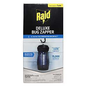 Raid Deluxe Outdoor Bug Zapper with Black UV Light, 15W Insect & Mosquito Killer Trap, 1-Acre Coverage, 1500-Volt Zapping Grid, Weatherproof, Includes 30 Day Octenol Lure, Suitable for Patio & Porch