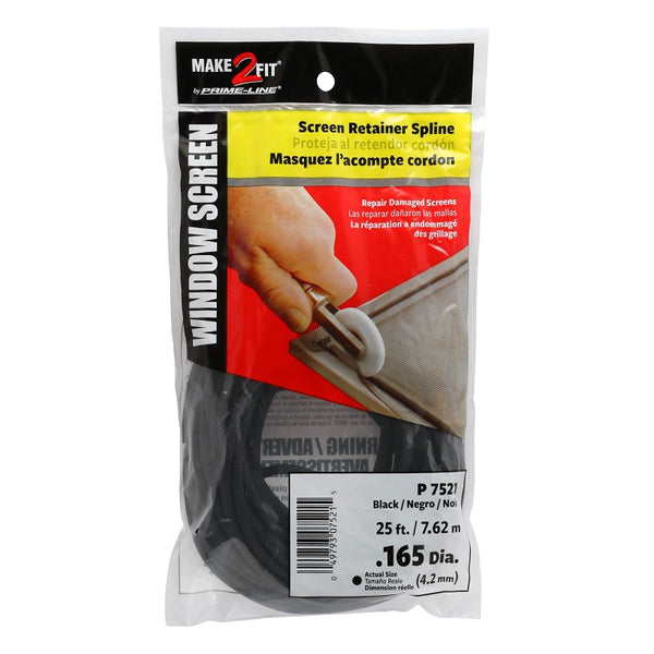 Make-2-Fit P 7521 Screen Retainer Spline, 0.165 in D, 25 ft L, Vinyl, Black, Round