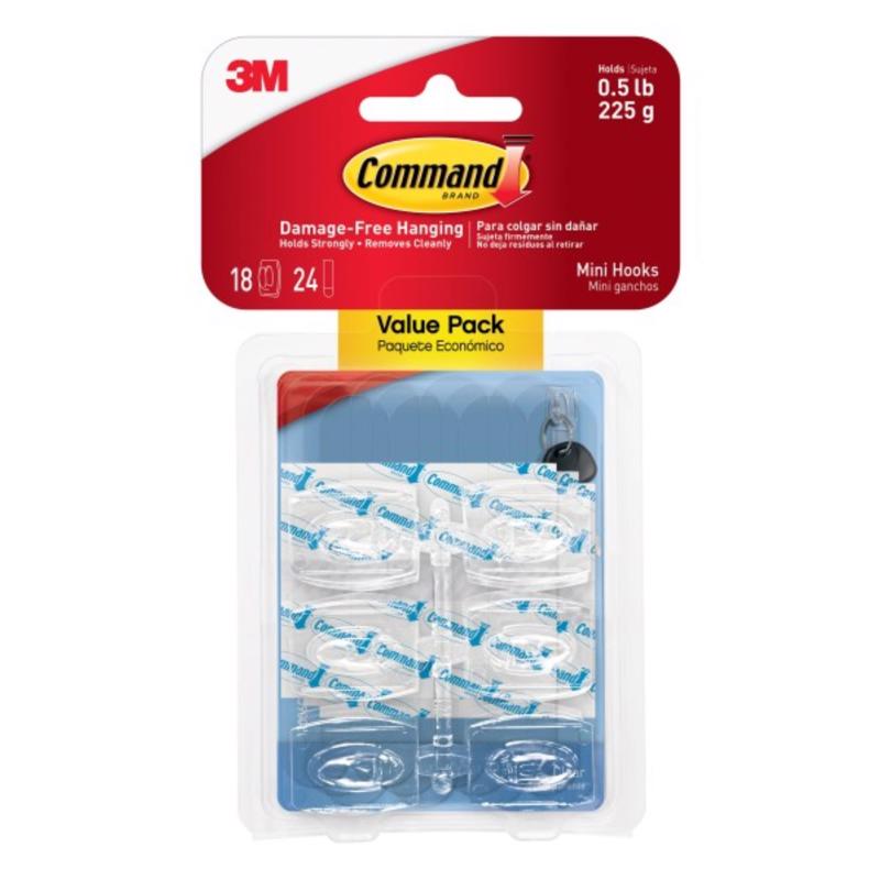 Command Clear Hooks & Strips, Plastic, Mini, 18 Hooks & 24 Strips/Pack, Sold as 1 Package 17006CLR-18ES