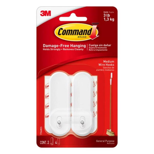 Command Medium Wire Hooks, White, 2-Hooks, 4-Strips, Organize Damage-Free 17068ES