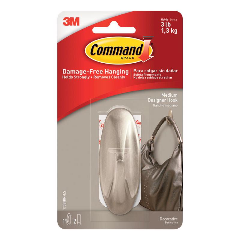 Command Medium Designer Hooks, Brushed Nickel, 1-Hook, 2-Strips, Decorate Damage-Free 17081BN-ES