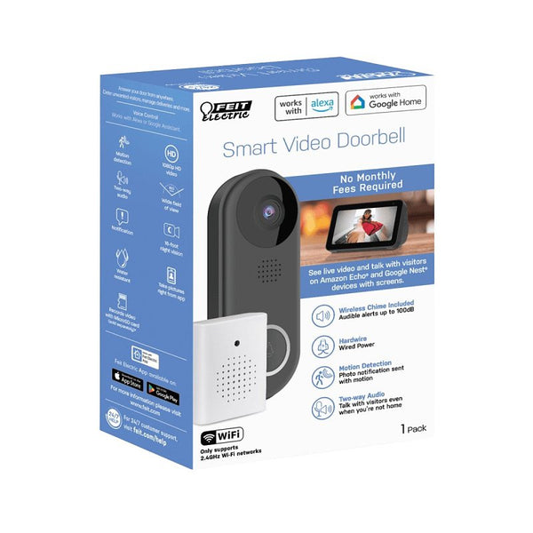 Feit Electric Doorbell Camera, 2.4 GHz WiFi, No Hub, Two-Way Audio, Motion Detection, Night Vision, 1080p HD, Micro SD Card Storage, Wireless Chime Included, Hardwired, CAM/Door/WiFi