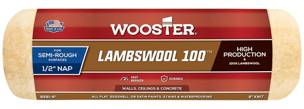 Wooster Brush R291-9 Lambswool 100 Roller Cover, 1/2-Inch Nap, 9-Inch