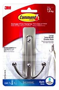 Command Large Double Bath Hook, Satin Nickel, 2-Hooks, 2-Large Water-Resistant Strips