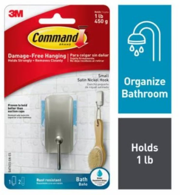 Command Single Point Hook, PK2: 2 Hooks, Metal, Satin Nickel, 1 lb Working Load Limit, 2 PK - 1 Each BATH33-SN-2ES