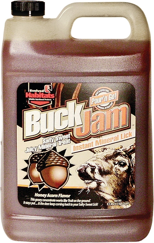 EVOLVED HABITATS Buck Jam Honey Acorn Flavored Salty Sweet Liquid Deer Attractant - Instant Mineral Lick - Powerful Ready-To-Use Year-Round Beneficial Food Supplement for Deer - 1 Gallon 41304