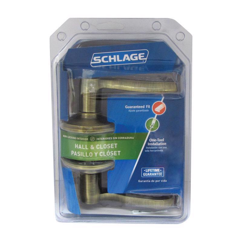 Schlage F10 V FLA 609 Flair Door Lever, Hall & Closet Passage Lock, Antique Brass