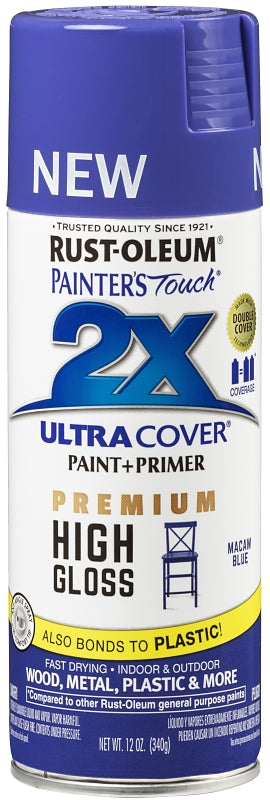 Rust-Oleum 355057 Painter's Touch 2X Ultra Cover Spray Paint, 12 oz, High Gloss Macaw Blue