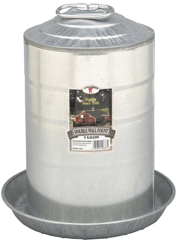 Little Giant Double Wall Metal Poultry Fount | Poultry Waterer | Heavy Duty Galvanized Steel Waterer | Made in USA (Silver, 3 Gallon) 9833