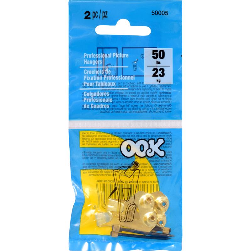 OOK 533010 Professional Picture Hangers, Art Hangers, Brass Finish, Reusable Picture Hooks, 50lb (2 set)