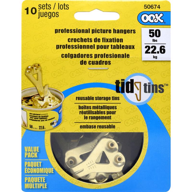 OOK 50674 Professional Picture Hangers, Reusable Art Hooks, Padded, Brass, 50lbs (10 Set) Gold