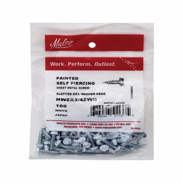 Malco - HW8X3/4 ZWG HW8X3/4ZWG Sheet Metal Screw (100 Pack), 3/4'' Length, White