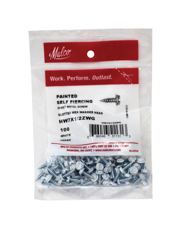 MALCO HW7X1/2ZWG Zip-in Self Piercing White Sheet Metal Screws 100 Pack