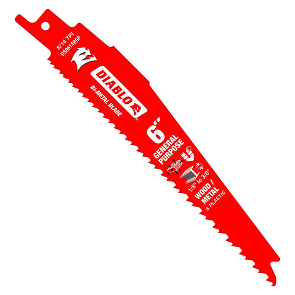 Diablo Bi-Metal Reciprocating Saw Blade with Ultra Hardened Cutting Edge for Nail-Embedded Wood, Metal and Plastic - 6" Length, Variable Tooth Design, 8/14 TPI, 25-Pack - DS0614BGP25