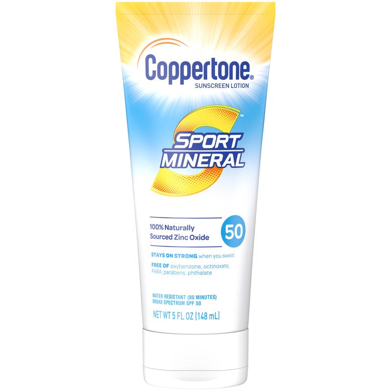 Coppertone SPORT Sunscreen Lotion SPF 50, Zinc Oxide Mineral Sunscreen, Water Resistant Body Sunscreen SPF 50, 5 Fl Oz Tube