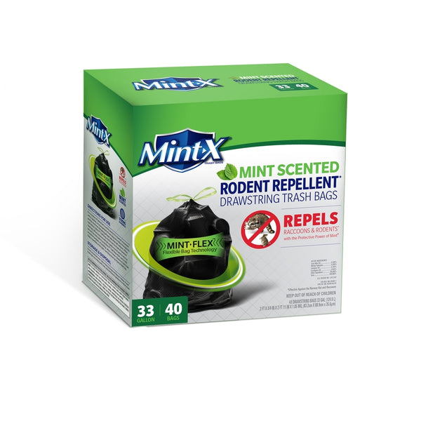 Mint-X Rodent Repellent Outdoor Home and Industrial Trash Bags with Drawstring & Mint-Flex Technology; 33 Gallon, 40 Count, Black MX3335B40F