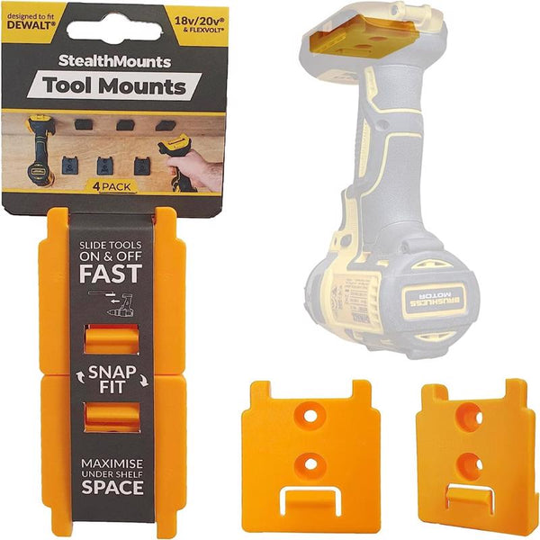 StealthMounts Tool Holder Compatible with DeWalt 20v/60v (4 Pack) - Yellow | StealthMounts Locking Tool Mounts | Made in the UK TM-DW18-YLW-4