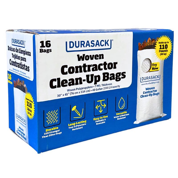 DURASACK Contractor Bags Heavy Duty 40-Gallon Reusable White Woven Polypropylene Contractor Garbage Bags, Pack of 16 LAM-3045DS2