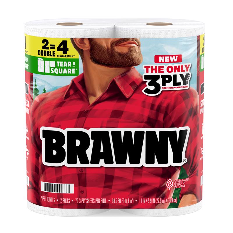 Brawny Tear-A-Square 3-Ply Paper Towels, 2 Double Rolls = 4 Regular Rolls, Strong, Absorbent, and Durable with 3 Sheet Sizes (Quarter, Half, Full) 44573
