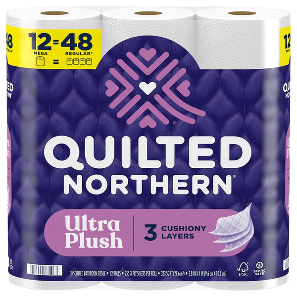 Quilted Northern Ultra Plush Toilet Paper, 12 Mega Rolls = 48 Regular Rolls, 3X Thicker*, 3 Ply Soft Toilet Tissue 87596