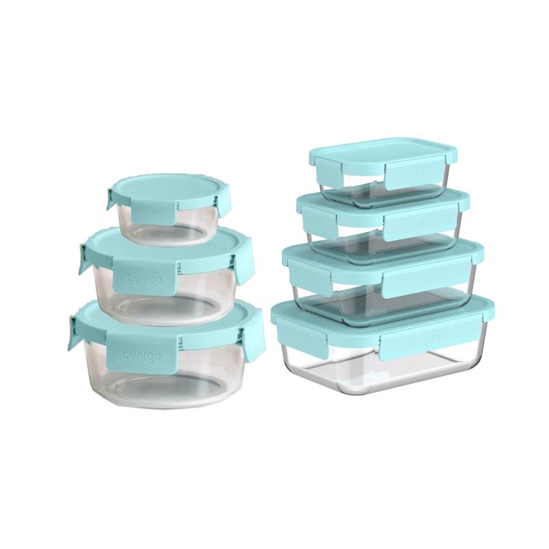 Bentgo Glass Leak-Proof Food Storage Set - 14-Piece Glass Containers with BPA-Free Airtight Lids, Reusable & Durable for Leftovers & Meal Prep - Microwave, Freezer, Oven & Dishwasher Safe (Soft Aqua) BGPLGLPK3-SA