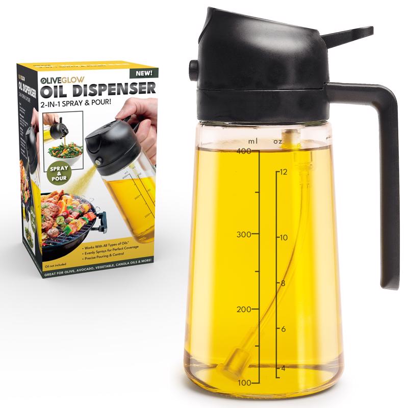 Olive Glow Cooking Oil Dispenser, 400 mL 2-in-1 Spray & Pour Glass Bottle, Leakproof & Refillable for Air Frying, Roasting, Grilling, Fine Mist for Salads, Works with All Types of Cooking Oils