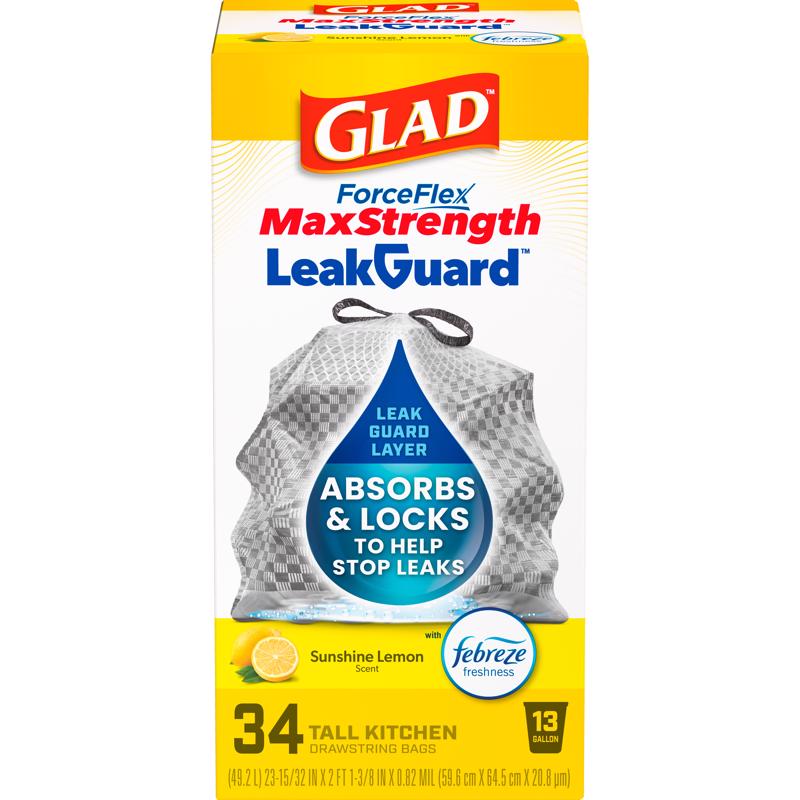 Glad ForceFlex MaxStrength LeakGuard Trash Bags, 13 Gal, Sunshine Lemon Scent, 34 Ct (Pack May Vary)