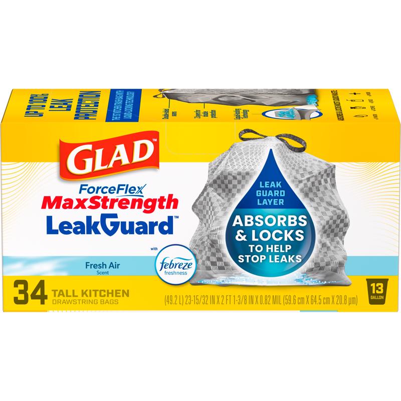 Glad ForceFlex MaxStrength LeakGuard Trash Bags, 13 Gal, Fresh Air, 34 Ct (Package May Vary)