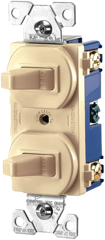 EATON 271V-BOX Arrow Hart 271V Duplex Grounding Toggle Switch, 120/277 Vac, 15 A, 1 Pole, Ivory