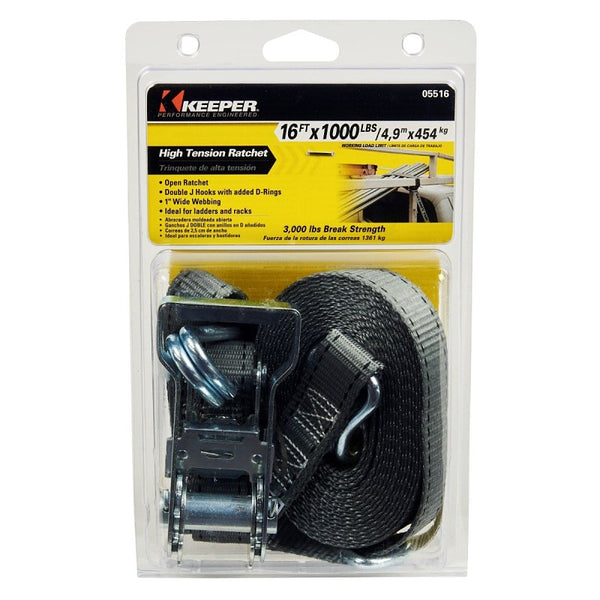 HAMPTON PROD Keeper - 1" x 16' High Tension Ratchet Tie-Down with J Hooks - 1,000 lbs. Working Load Limit 05516