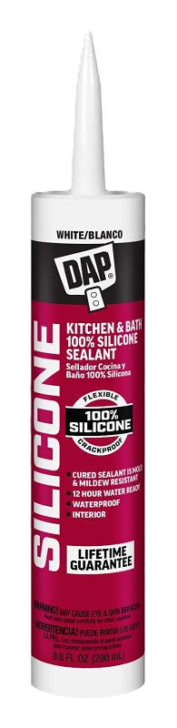Dap Silicone Sealant, 100% Silicone, Kitchen and Bath, White, 10.1 oz. 08640