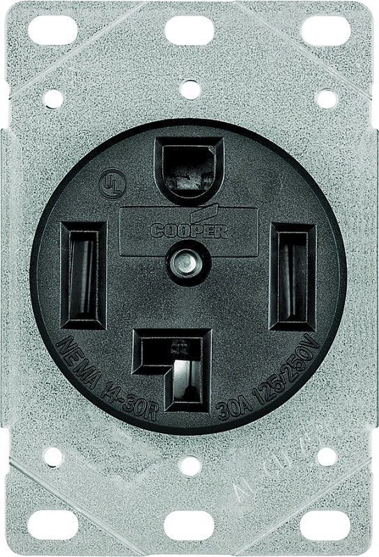EATON 1257-SP Flush Mount Dryer Power Receptacle, 3P, 4-Wire, 30A, 125/250V, Black