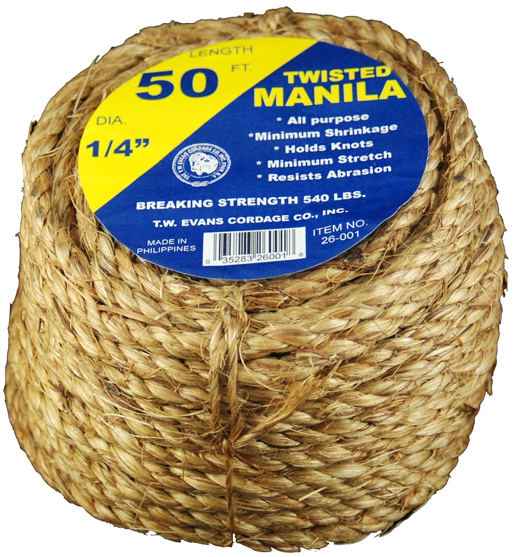 Wellington 28764 Twisted Rope, 1/4 in Dia x 50 ft L, 54 lb., Manila Fiber, Natural