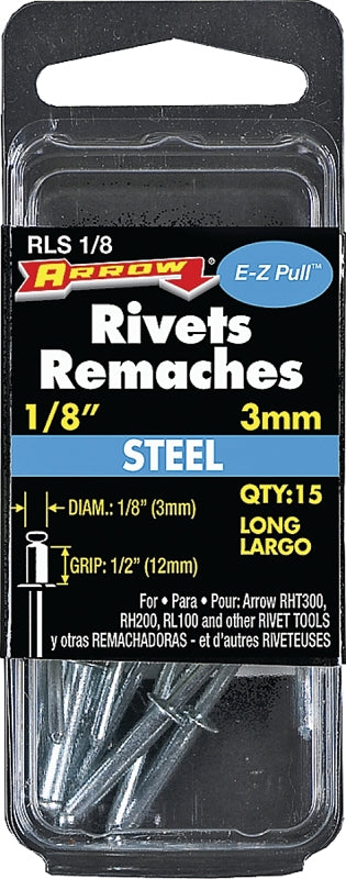 Arrow RLS1/8 Long Steel 1/8-Inch Pop Rivets for Metal, Fabric, Leather, and Auto Repair, 15-Pack