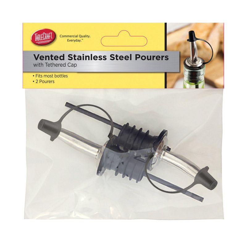 Tablecraft Stainless Steel Pourers with black Tethered Cap, (2 Pack), Silver