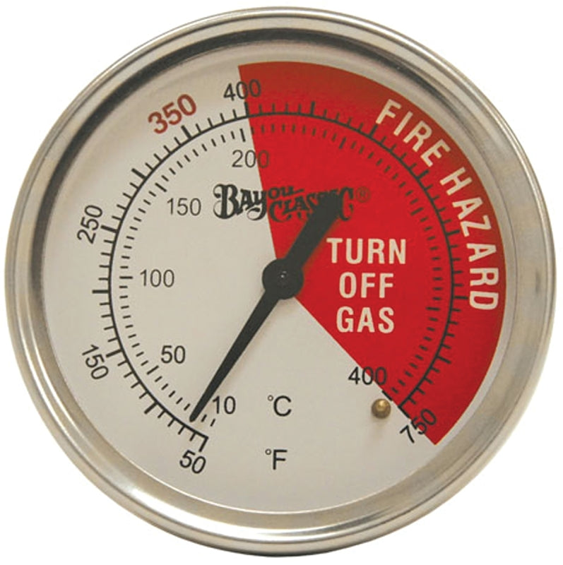 Bayou Classic 5070 Bayou Fryer Thermometer Stainless Steel Design Tempered Glass Dial Face w/ 50˚- 400˚F Range Fits Bayou 2.5-gal 4-gal and 9-gal Fryers